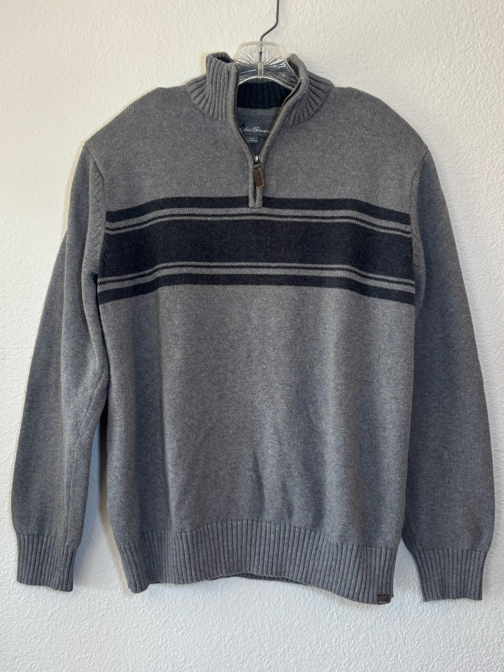Eddie Bauer Men's 1/4 Zip Pullover Gray 100% Cotton Knit Sweater Large Preppy
